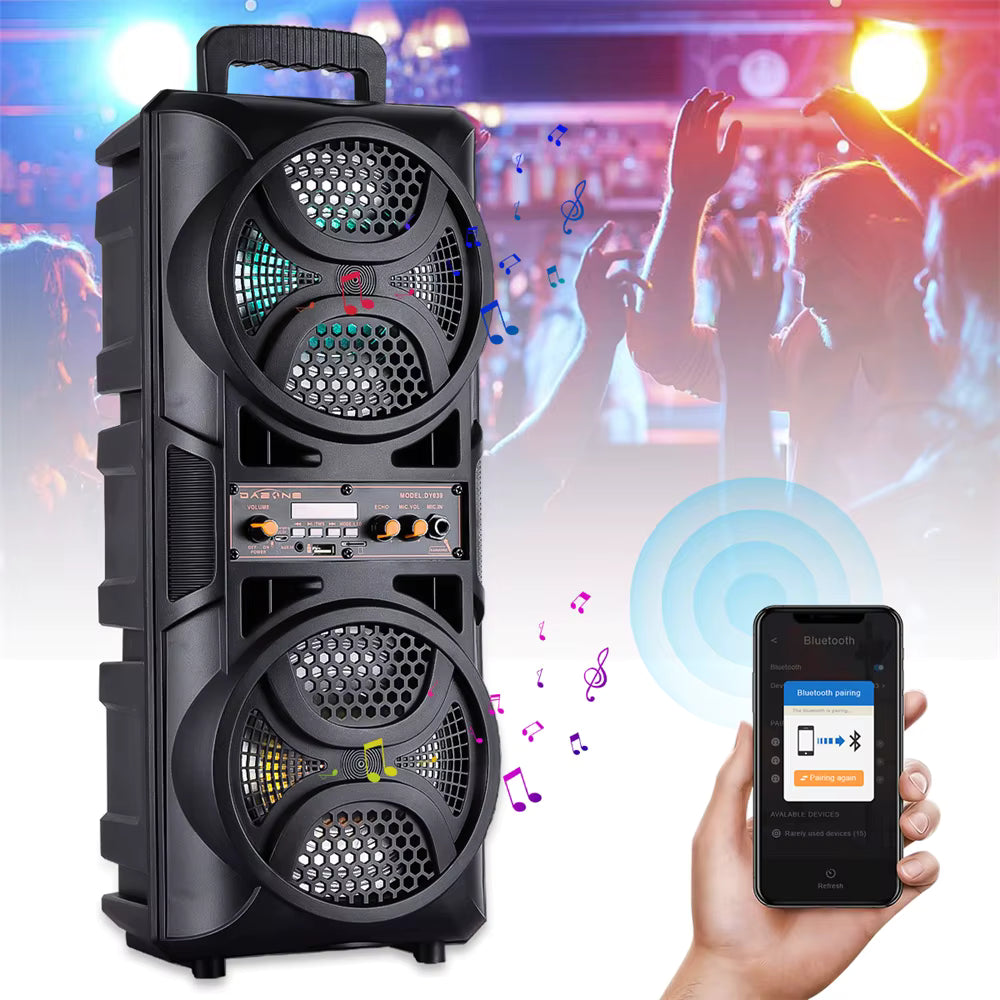 Portable Bluetooth Party Speaker – Deep Bass, LED Lights & Karaoke Mic Support