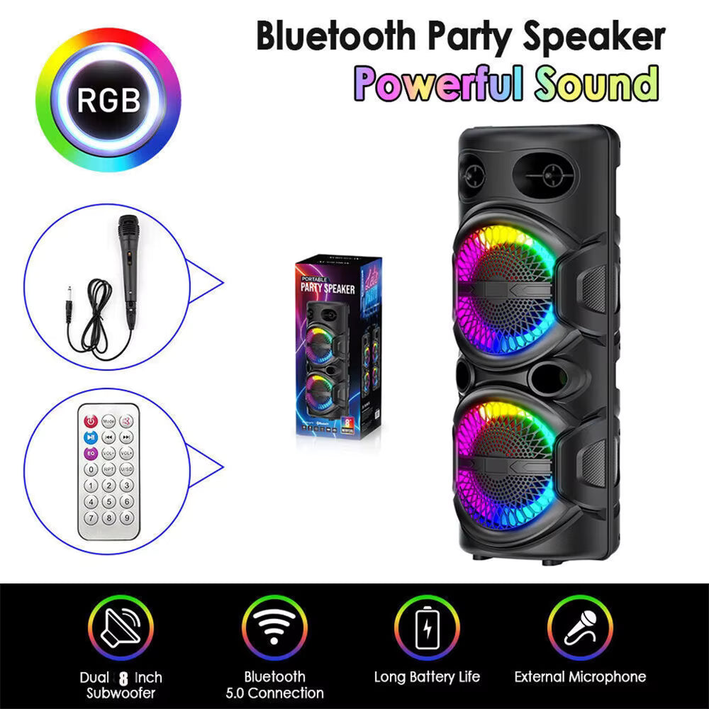 Portable Bluetooth Party Speaker – Deep Bass, LED Lights & Karaoke Mic Support