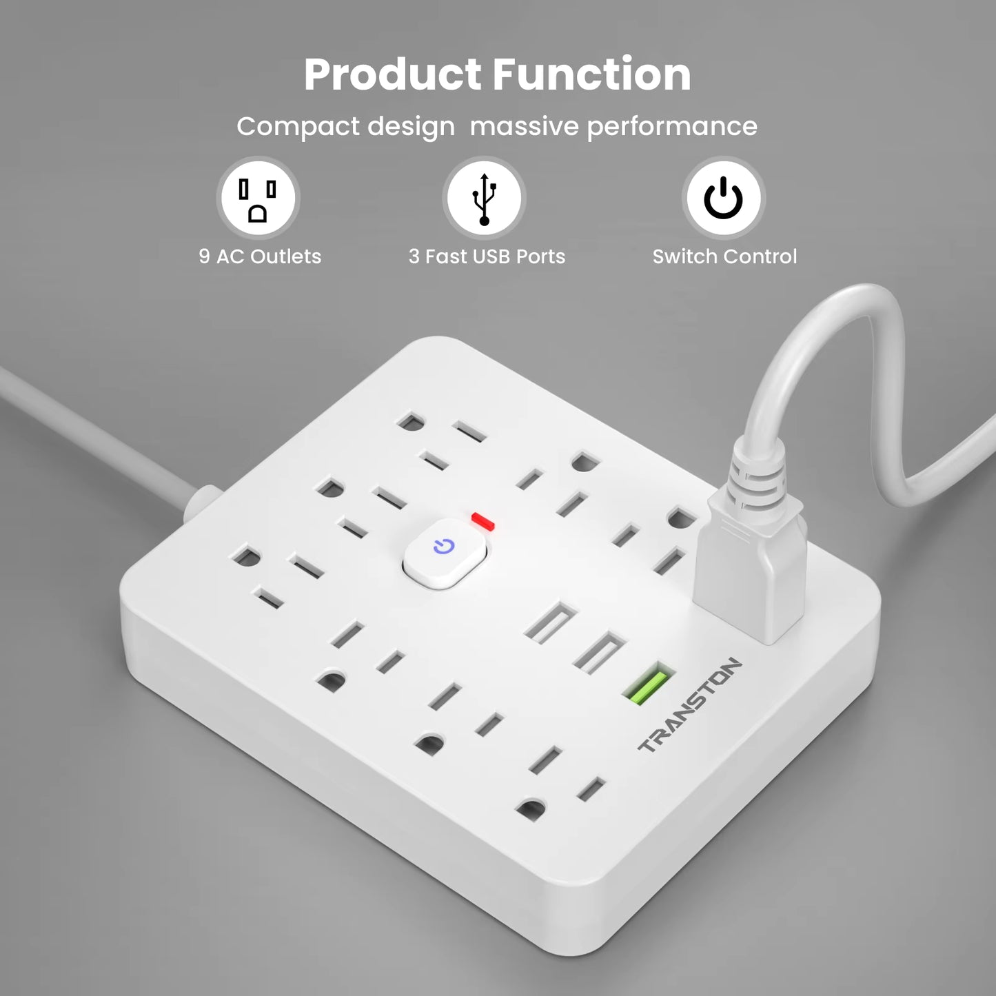 9-Outlet Surge Protector Power Strip with 3 USB Ports – Fast Charging Extension Cord